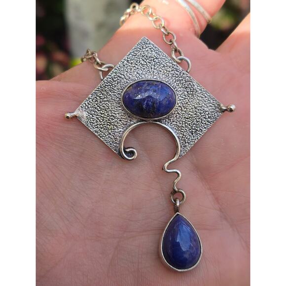 Vintage Sterling Silver & Blue Lapis Lazuli Modernist Pendant Necklace, 17" - Picture 4 of 10